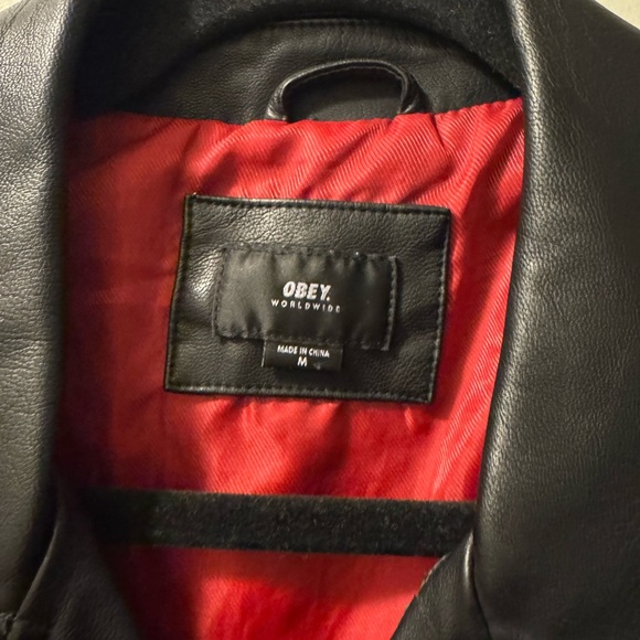 Sold *Obey Black faux Leather Jacket with Red Lining - Picture 3 of 10